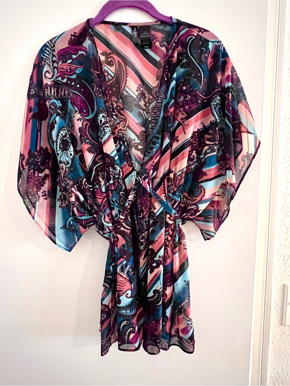 Bisou Bisou Sheer Paisley Tie-Front Blouse in Pink, Blue & Brown - Picture 3 of 9